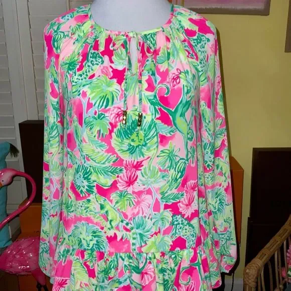 Lilly Pulitzer NWT Tensley Silk Top Raz Berry Catty Shack $128 Size XXS - Picture 2 of 14